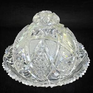 Antique EAPG Covered Butter Dish Manganese UV Glow Pressed Glass c1900